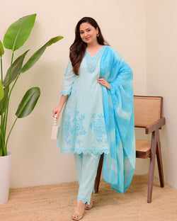 Sky Blue Handwork A Line Cotton Suit