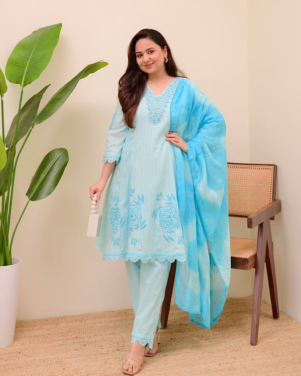 Sky Blue Handwork A Line Cotton Suit