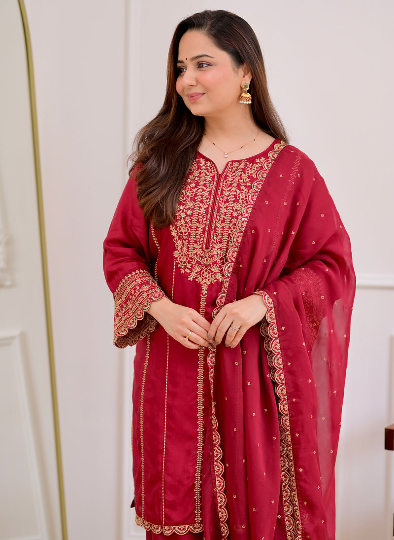 Maroon Handwork Premium Silk Festive Sharara Set