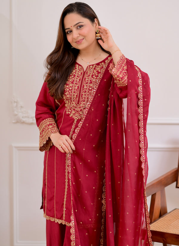 Maroon Handwork Premium Silk Festive Sharara Set