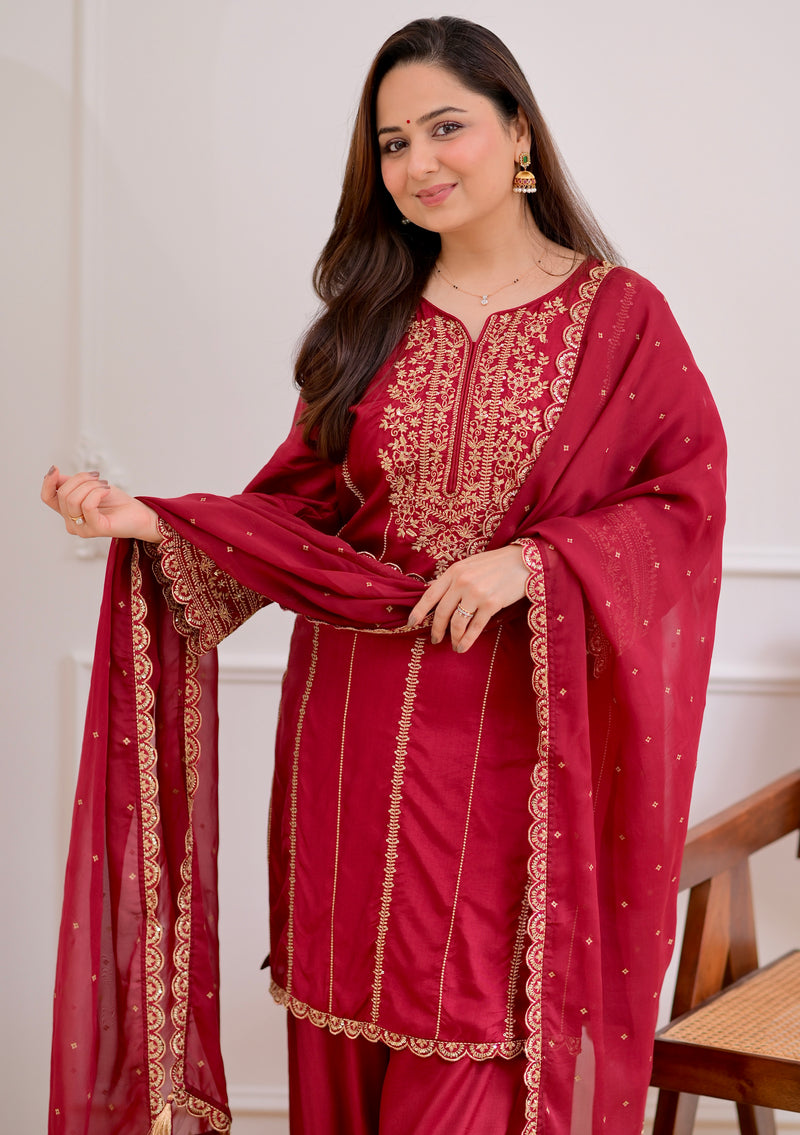 Maroon Handwork Premium Silk Festive Sharara Set