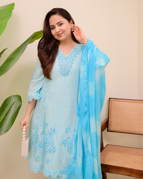 Sky Blue Handwork A Line Cotton Suit