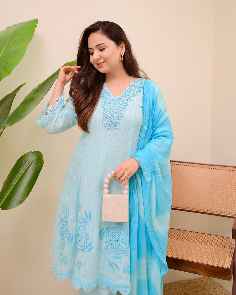 Sky Blue Handwork A Line Cotton Suit