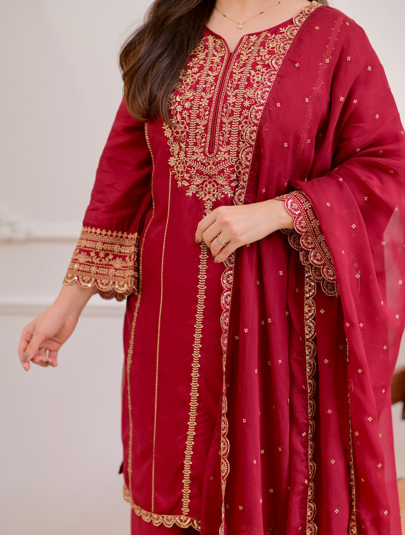 Maroon Handwork Premium Silk Festive Sharara Set