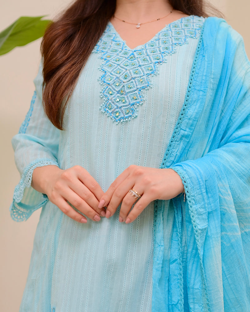 Sky Blue Handwork A Line Cotton Suit