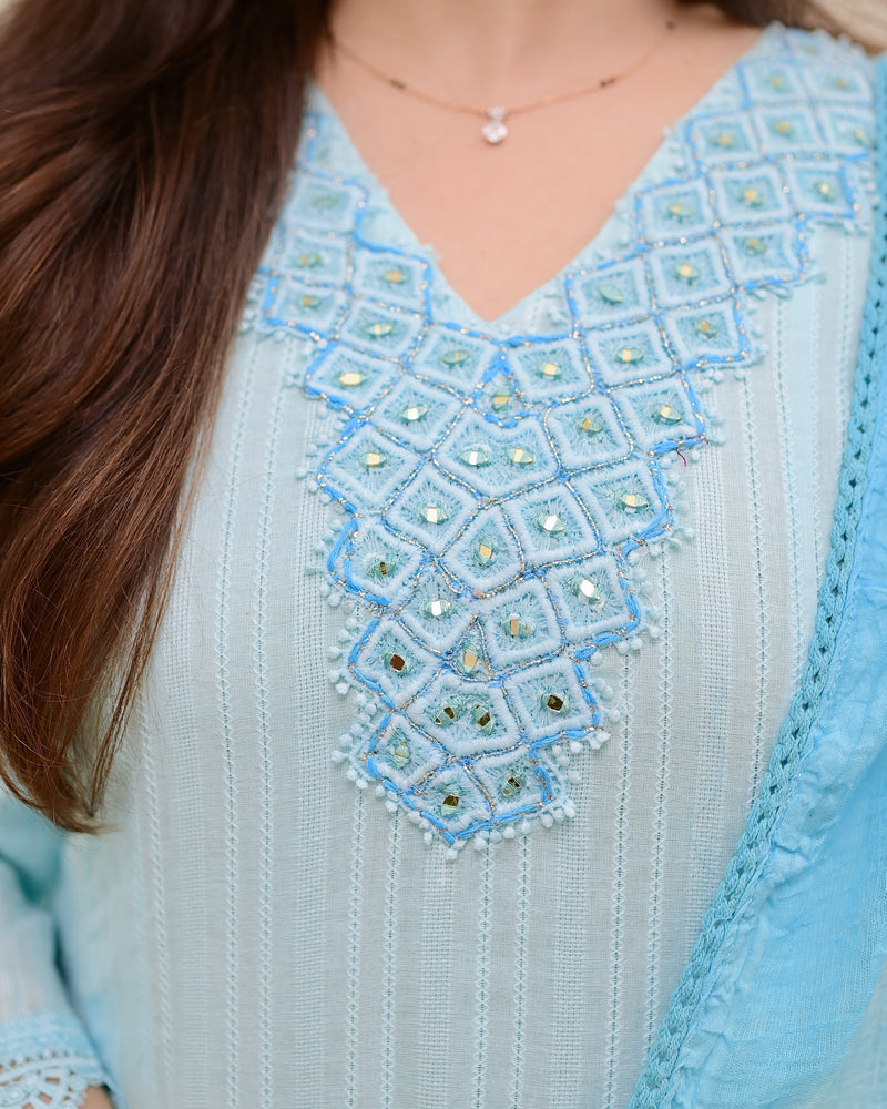 Sky Blue Handwork A Line Cotton Suit