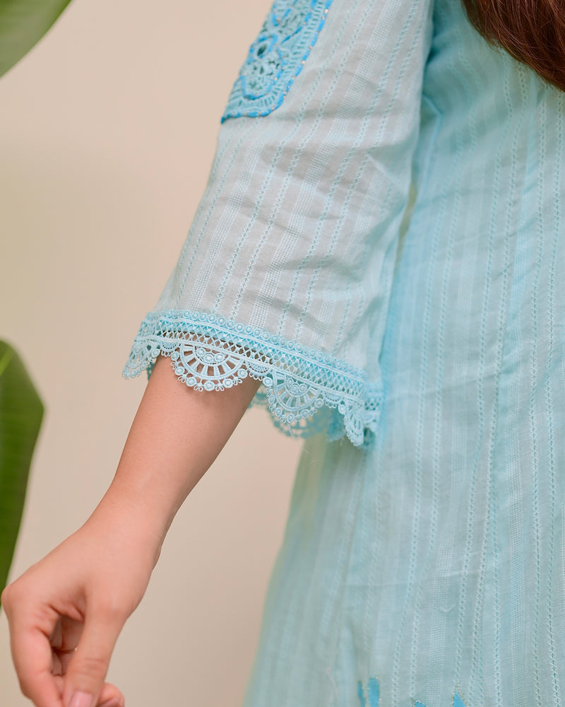 Sky Blue Handwork A Line Cotton Suit