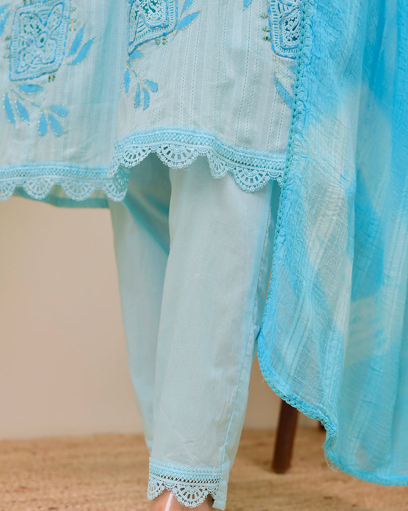 Sky Blue Handwork A Line Cotton Suit