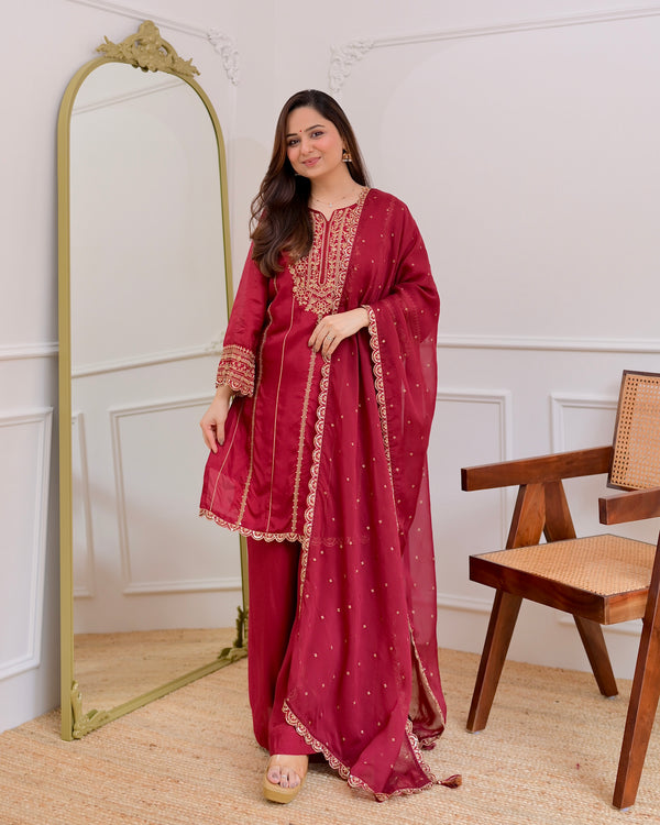 Maroon Handwork Pure Chanderi Silk Festive Sharara Set