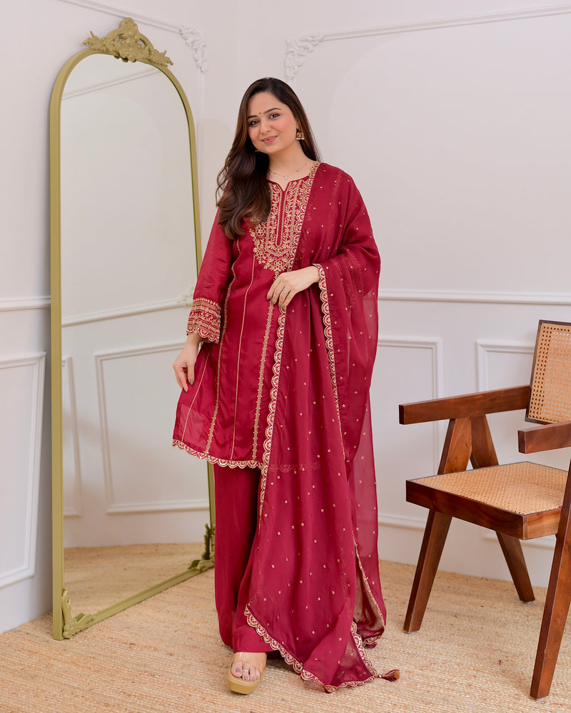 Maroon Handwork Premium Silk Festive Sharara Set