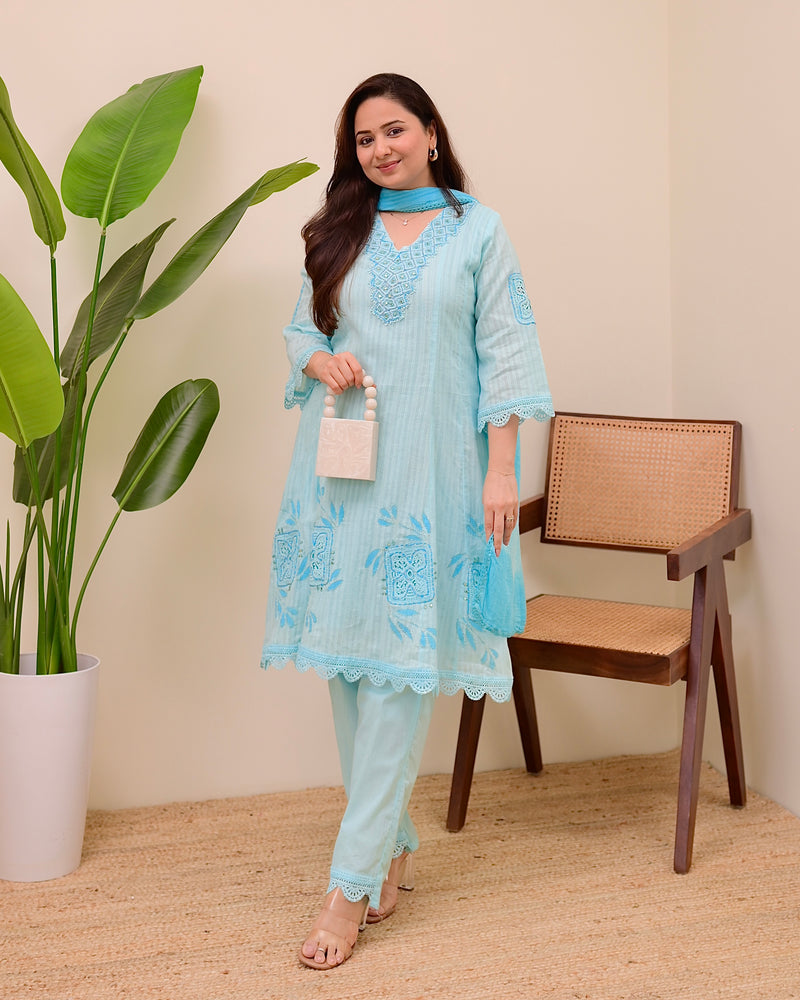 Sky Blue Handwork A Line Cotton Suit