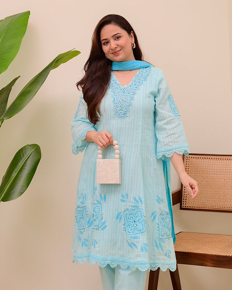 Sky Blue Handwork A Line Cotton Suit