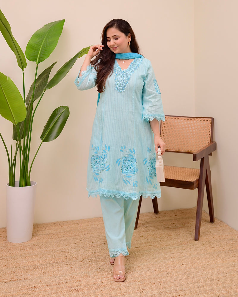 Sky Blue Handwork A Line Cotton Suit