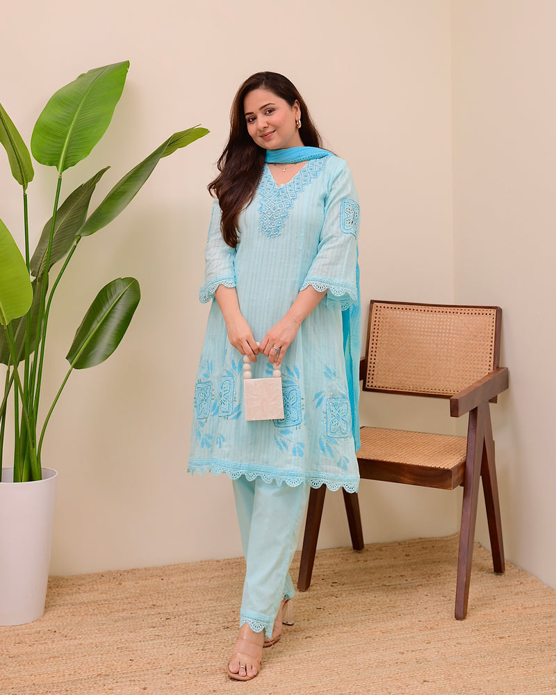 Sky Blue Handwork A Line Cotton Suit