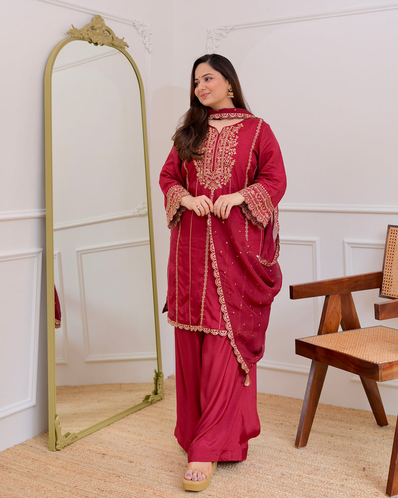 Maroon Handwork Premium Silk Festive Sharara Set