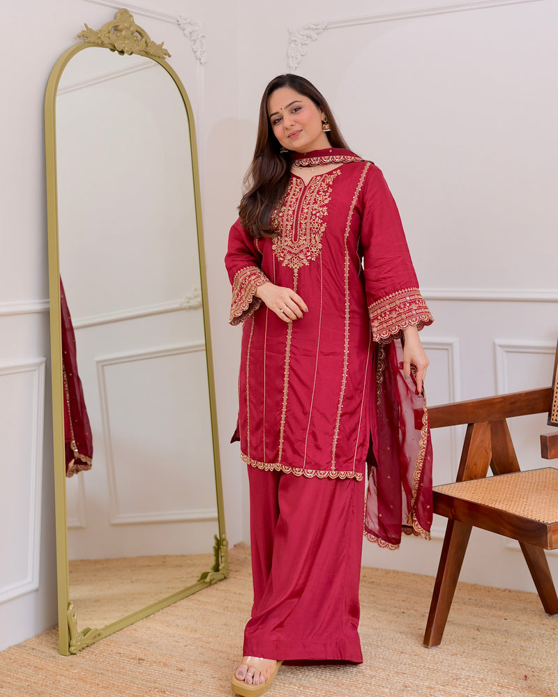 Maroon Handwork Premium Silk Festive Sharara Set