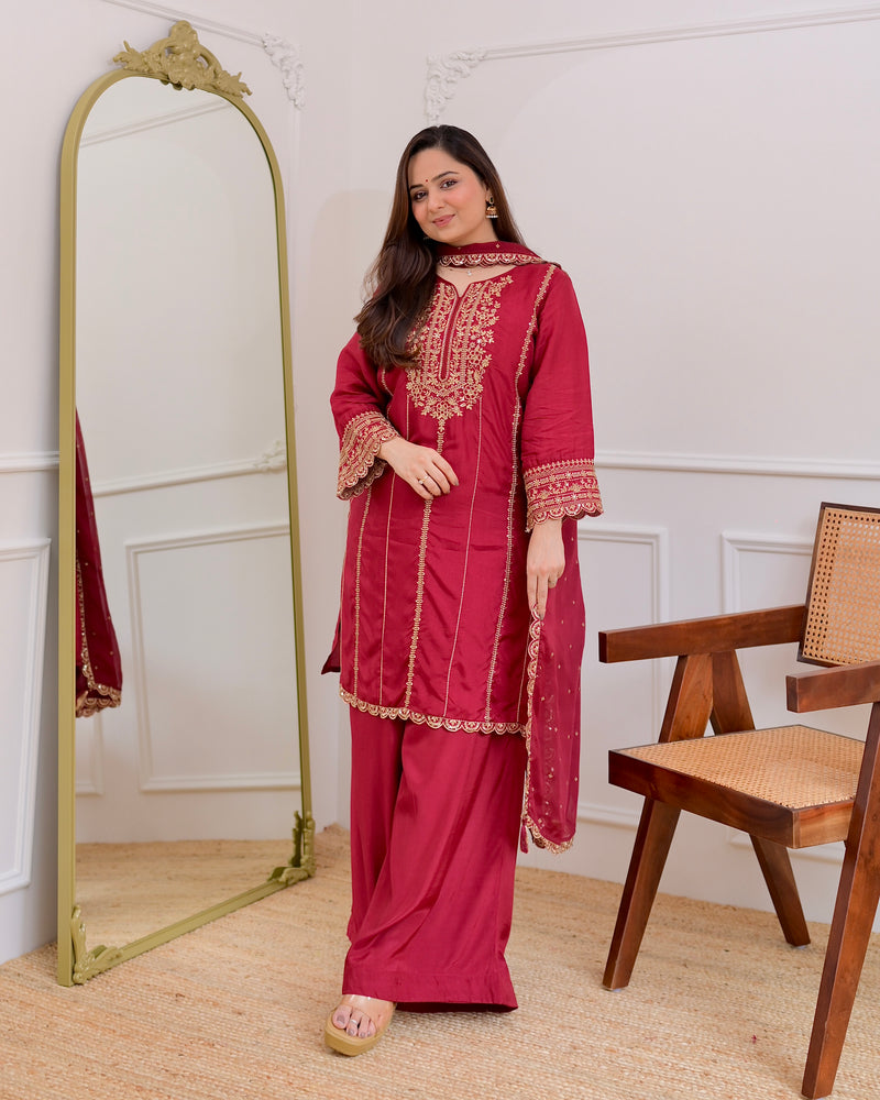 Maroon Handwork Premium Silk Festive Sharara Set