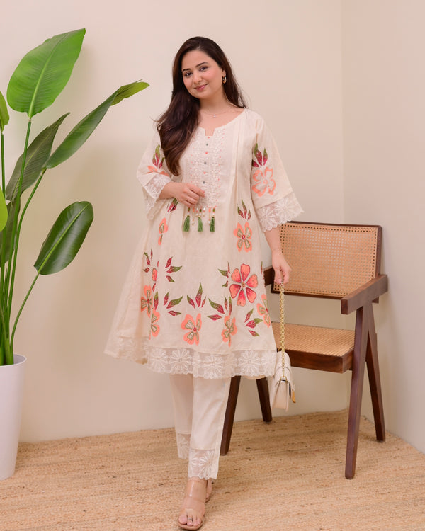 Ivory Peach Petals Handwork A Line Kurta Set