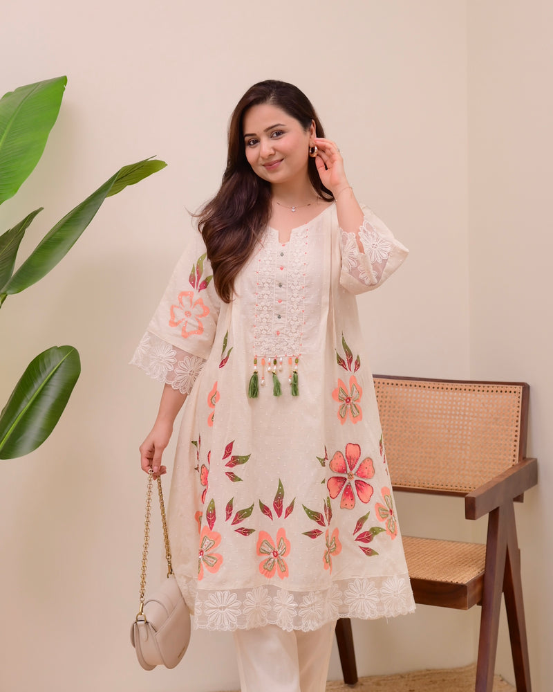 Ivory Peach Petals Handwork A Line Kurta Set