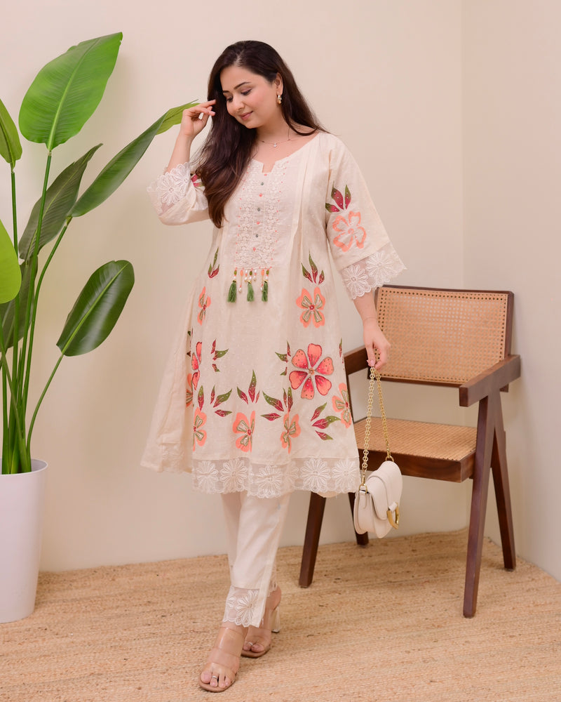 Ivory Peach Petals Handwork A Line Kurta Set