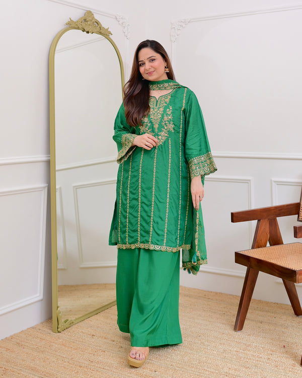 Green Handwork Pure Chanderi Silk Festive Sharara Set