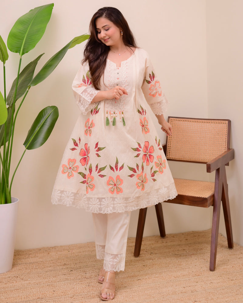 Ivory Peach Petals Handwork A Line Kurta Set