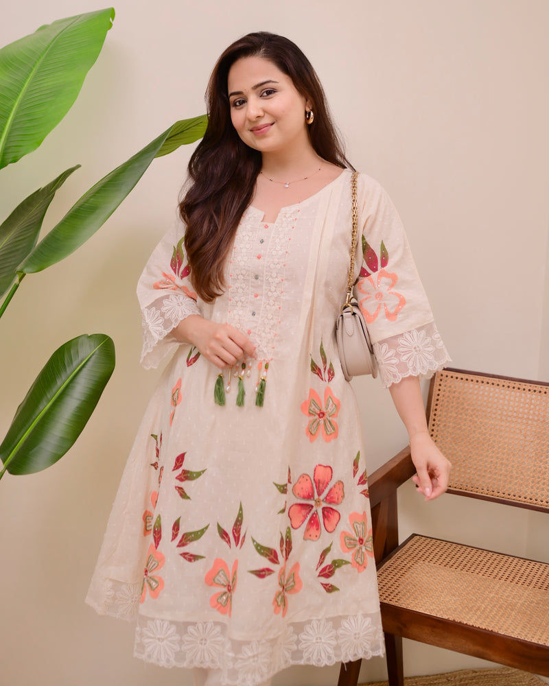Ivory Peach Petals Handwork A Line Kurta Set
