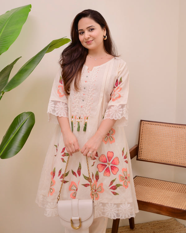Ivory Peach Petals Handwork A Line Kurta Set