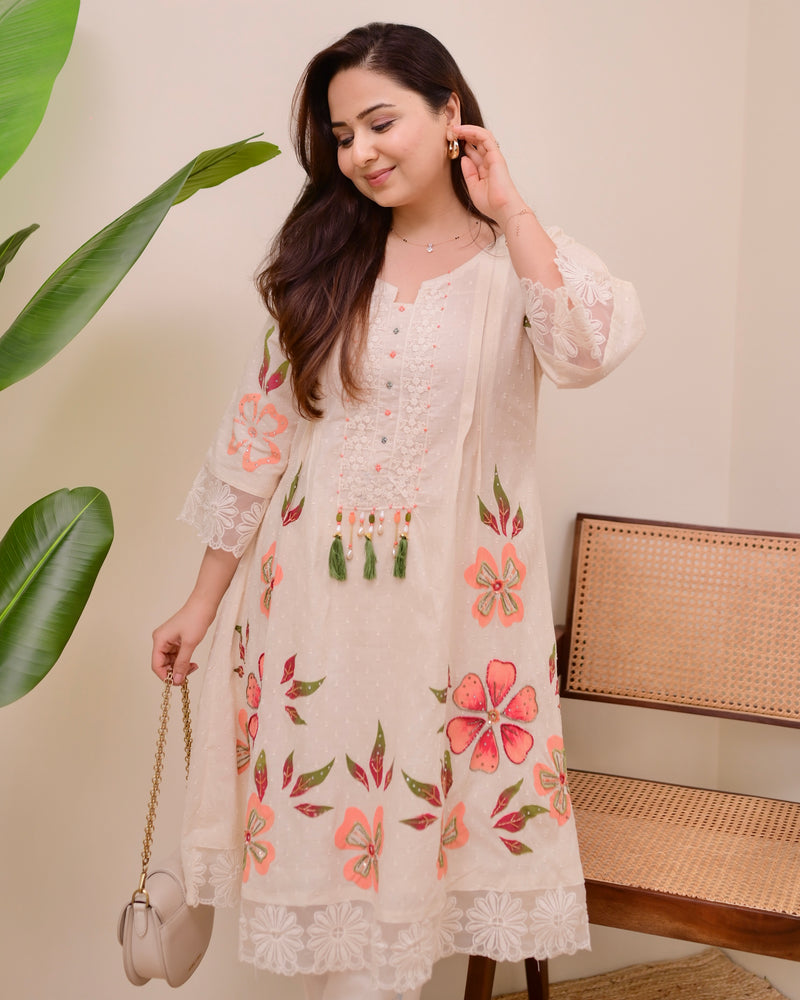 Ivory Peach Petals Handwork A Line Kurta Set