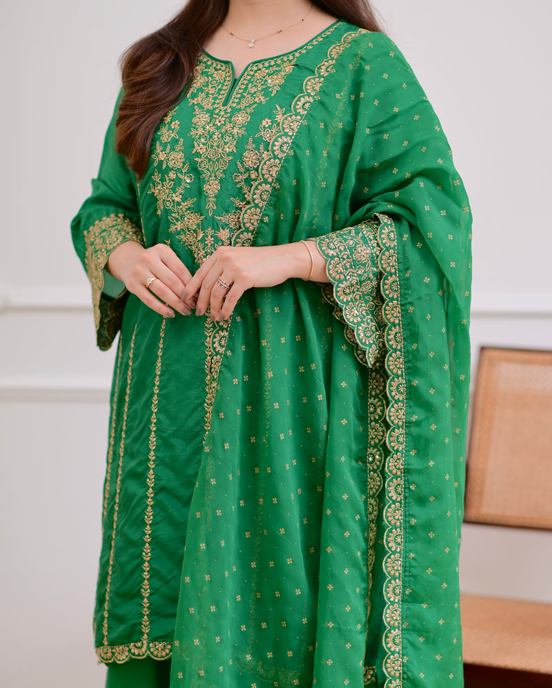 Green Handwork Premium Silk Festive Sharara Set