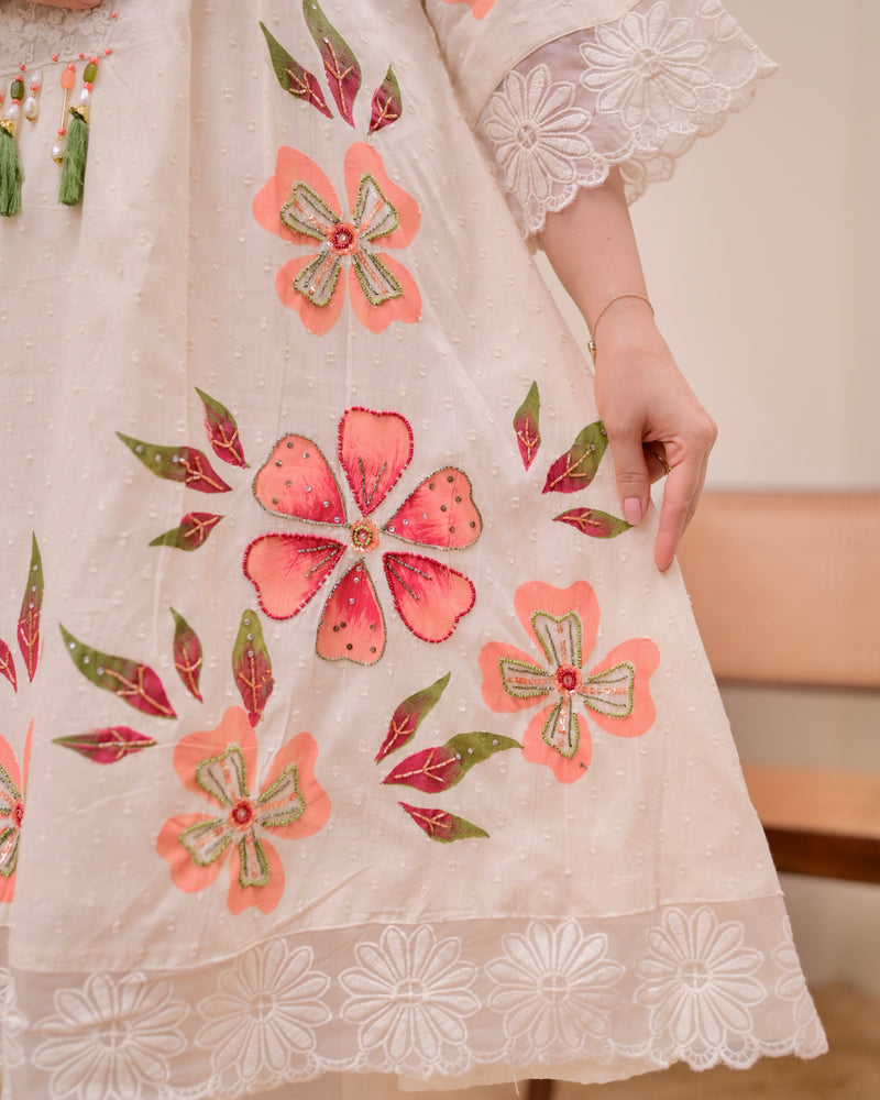 Ivory Peach Petals Handwork A Line Kurta Set