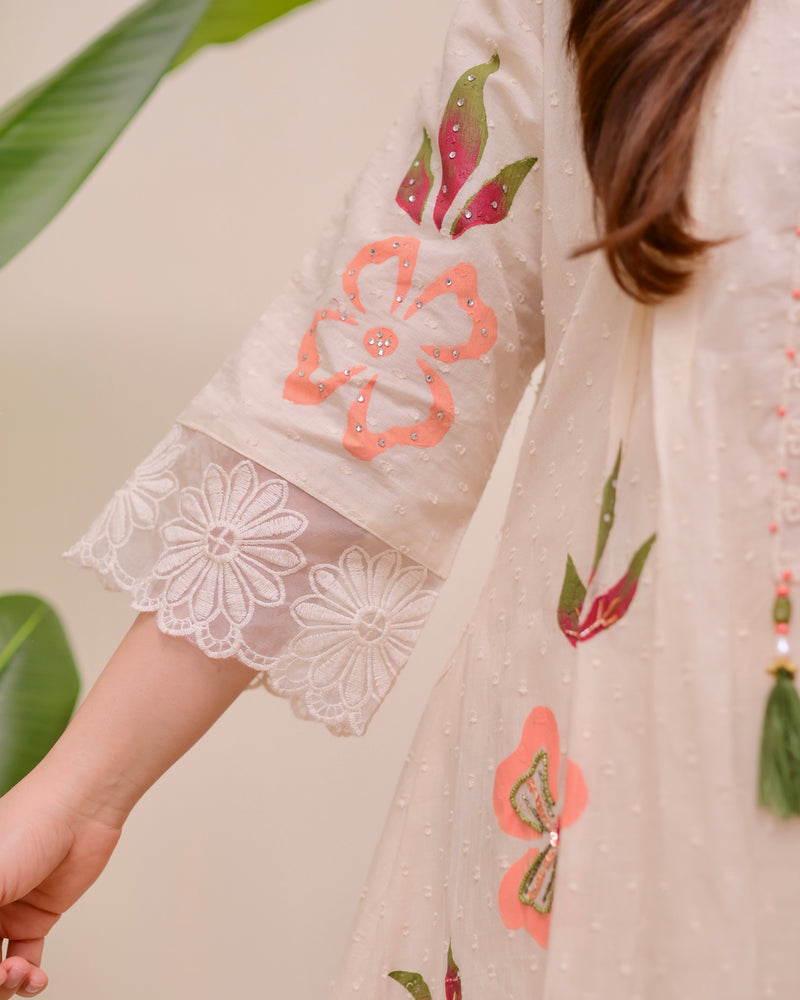 Ivory Peach Petals Handwork A Line Kurta Set