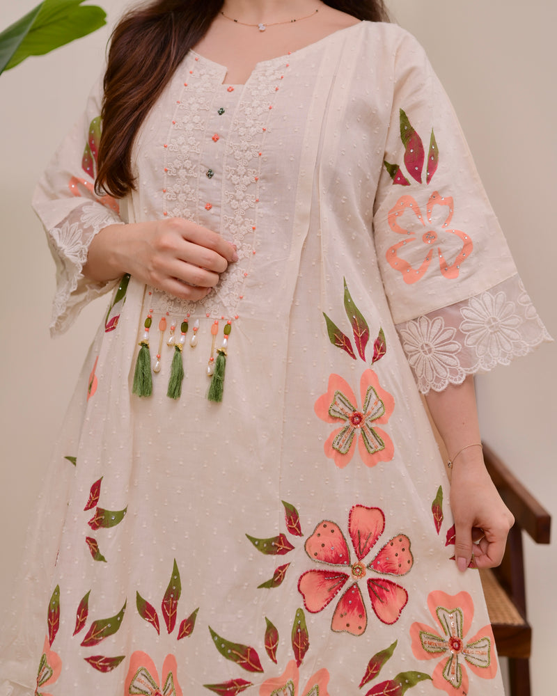 Ivory Peach Petals Handwork A Line Kurta Set