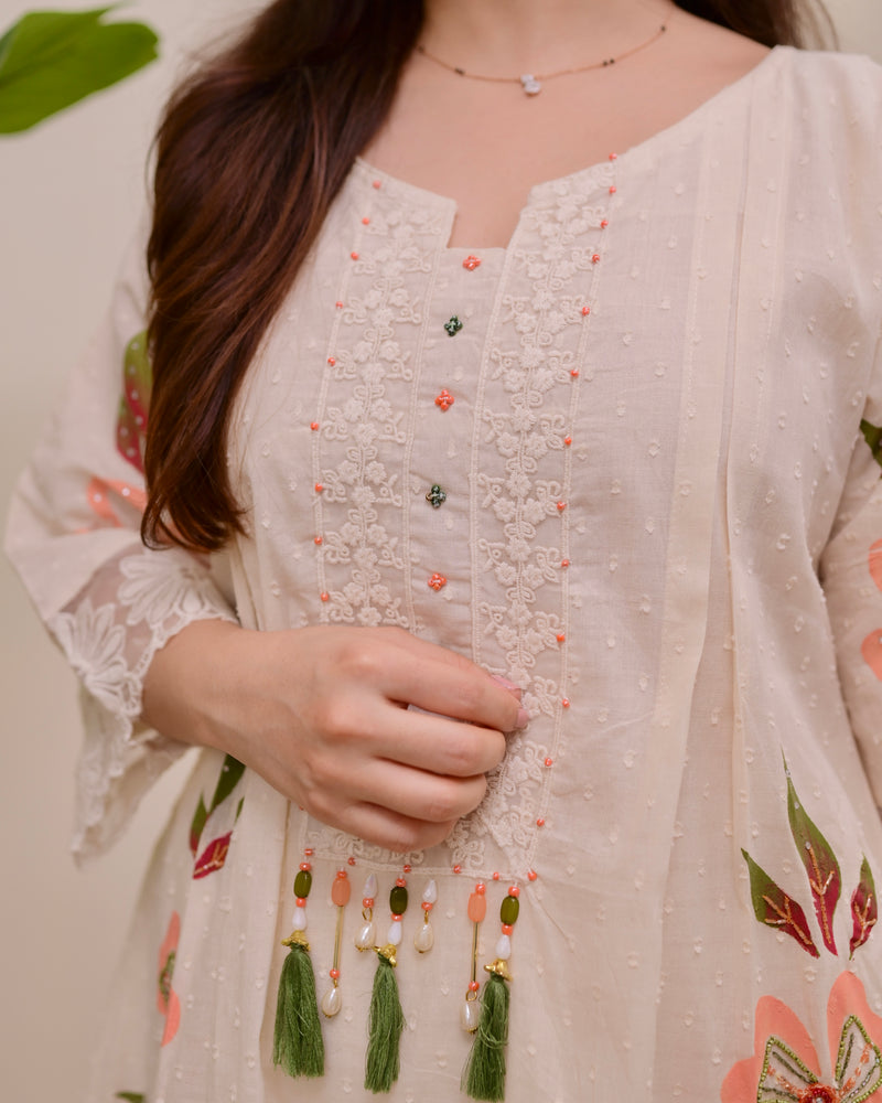 Ivory Peach Petals Handwork A Line Kurta Set