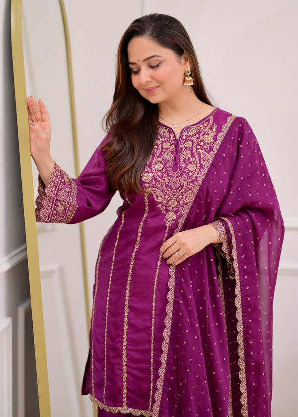 Purple Handwork Pure Chanderi Silk Festive Sharara Set