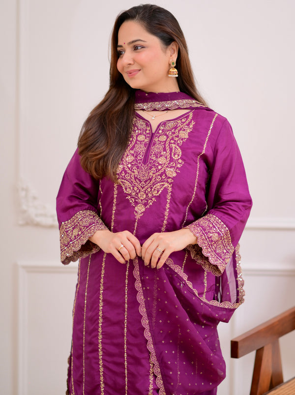 Purple Handwork Premium Silk Festive Sharara Set