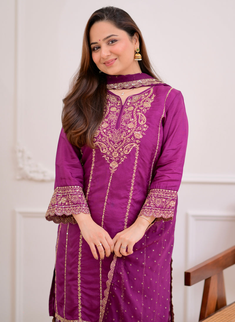 Purple Handwork Premium Silk Festive Sharara Set