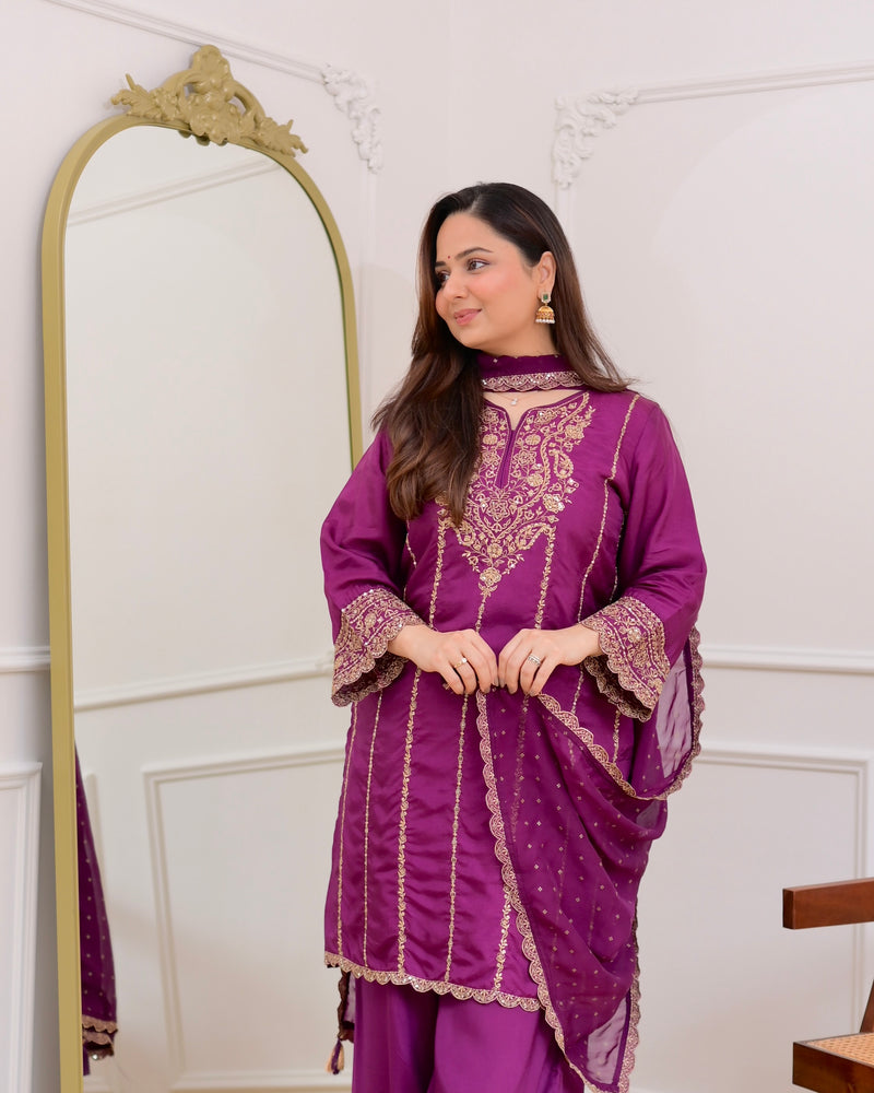 Purple Handwork Premium Silk Festive Sharara Set