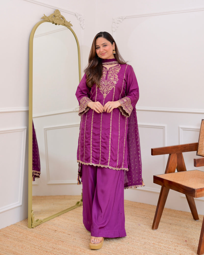 Purple Handwork Premium Silk Festive Sharara Set