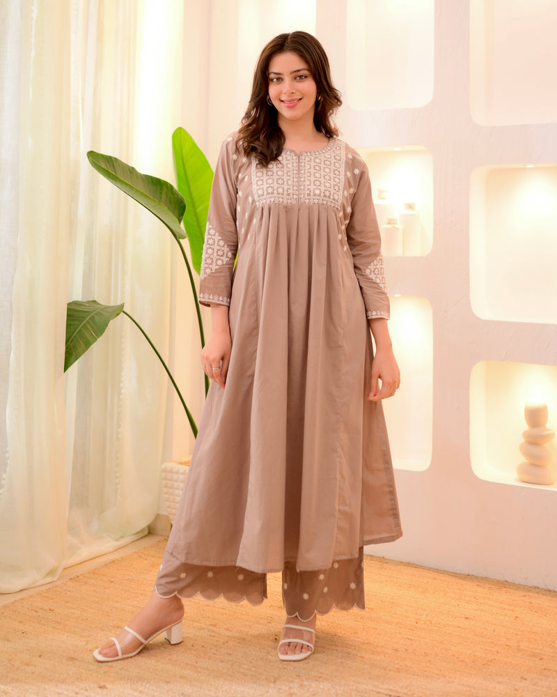 Hazelnut Threadwork A Line Cotton Kurta Set