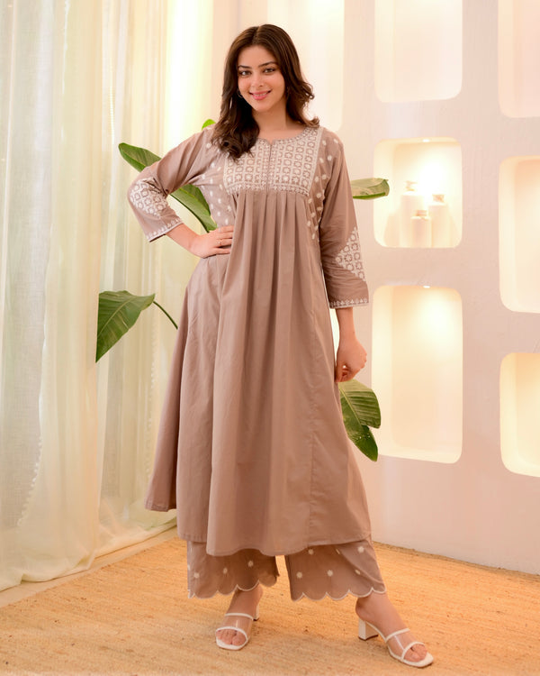 Hazelnut Threadwork A Line Cotton Kurta Set