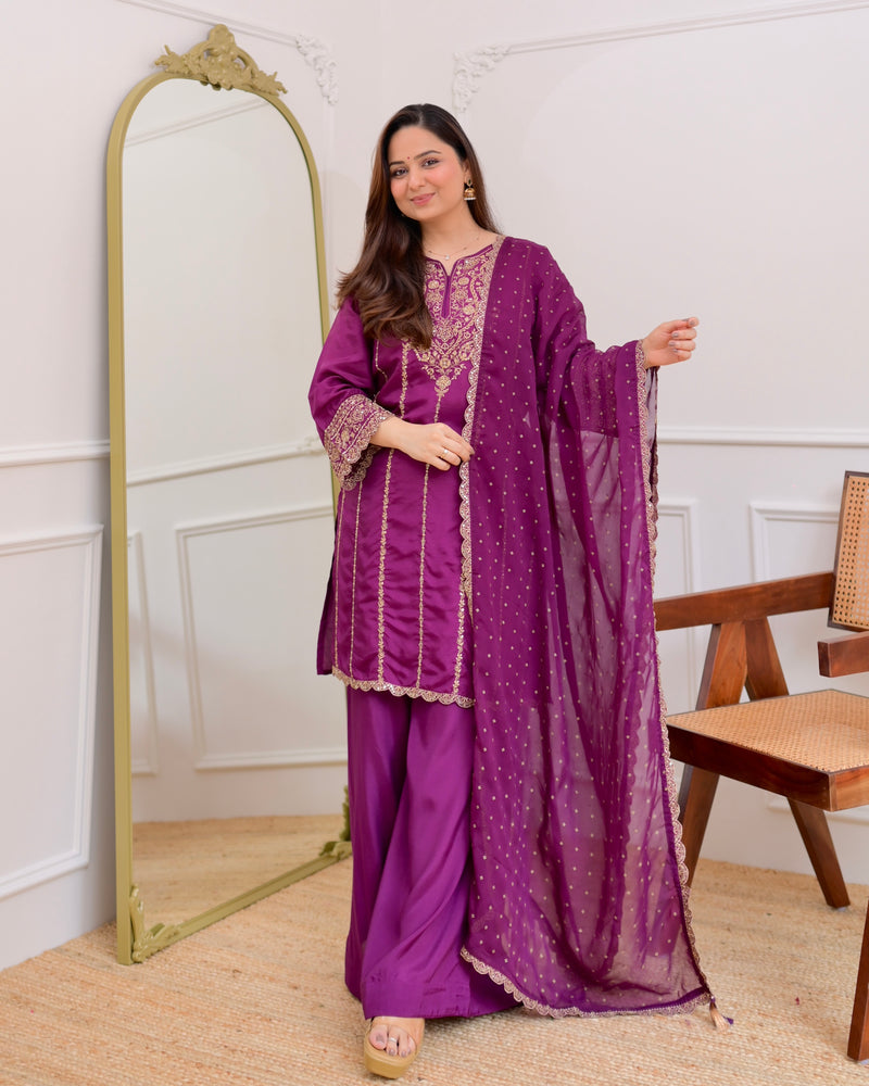 Purple Handwork Premium Silk Festive Sharara Set