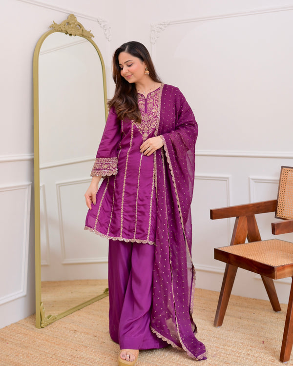 Purple Handwork Premium Silk Festive Sharara Set