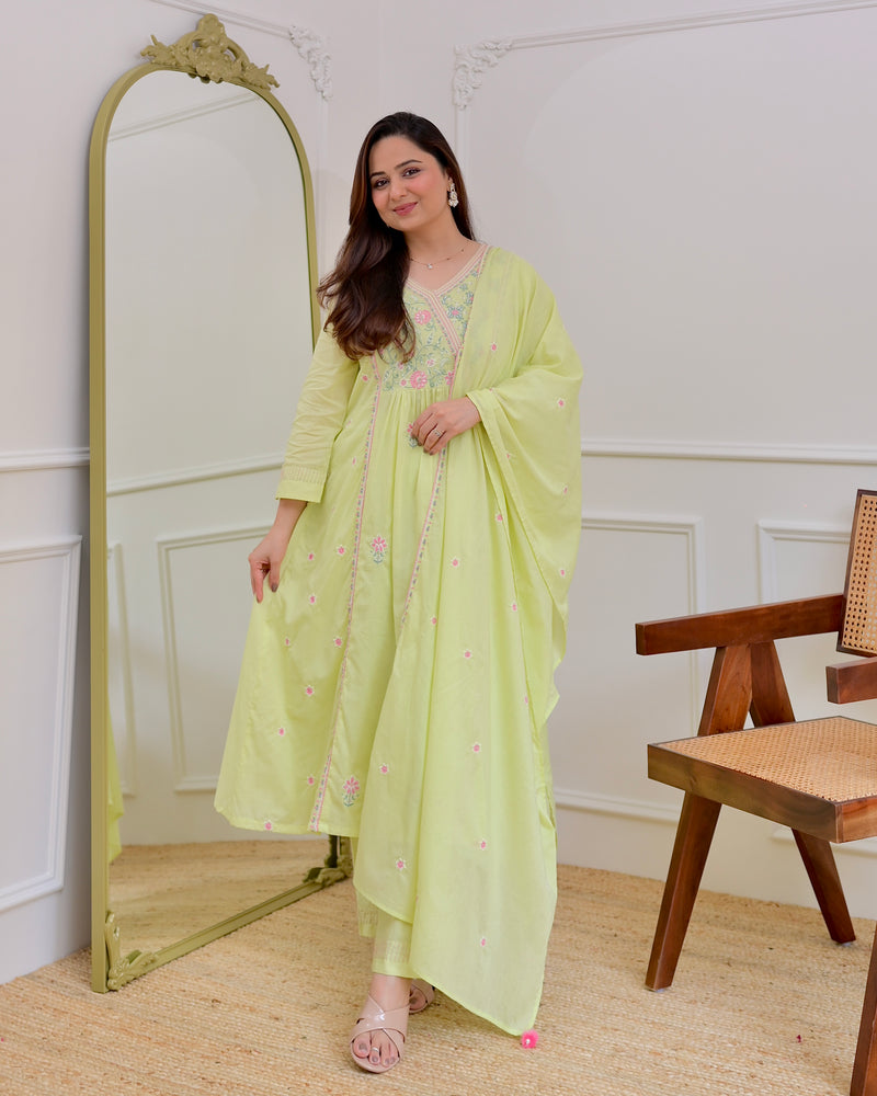 Mint Thread Embroidered Premium Mul Cotton A Line Suit