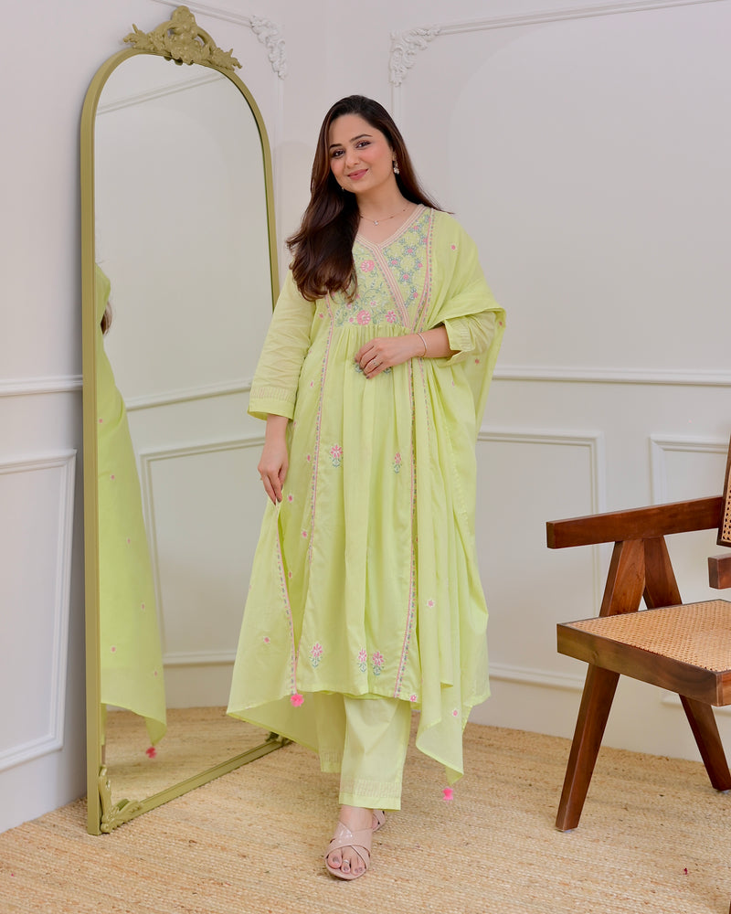 Mint Thread Embroidered Premium Mul Cotton A Line Suit