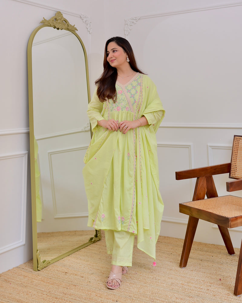 Mint Thread Embroidered Premium Mul Cotton A Line Suit