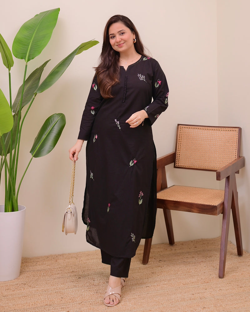 Black Minimal Floral Threadwork Cotton Kurta Set