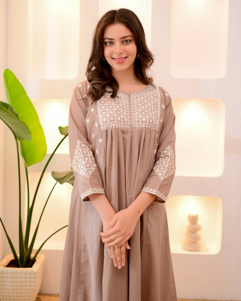 Hazelnut Threadwork A Line Cotton Kurta Set