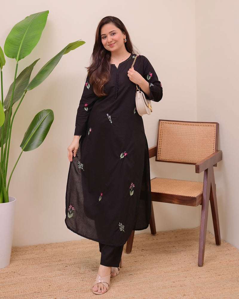Black Minimal Floral Threadwork Cotton Kurta Set