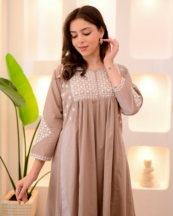 Hazelnut Threadwork A Line Cotton Kurta Set